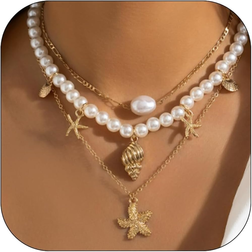Gold Sea Shell Necklace Layer Charm Necklace for Women Boho Summer Seashell Beach Starfish Neckla... | Amazon (US)