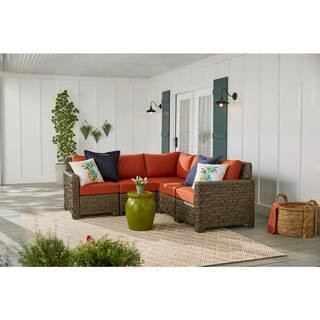 Hampton Bay Laguna Point 5-Piece Brown Wicker Outdoor Patio Sectional Sofa Set with CushionGuard ... | The Home Depot