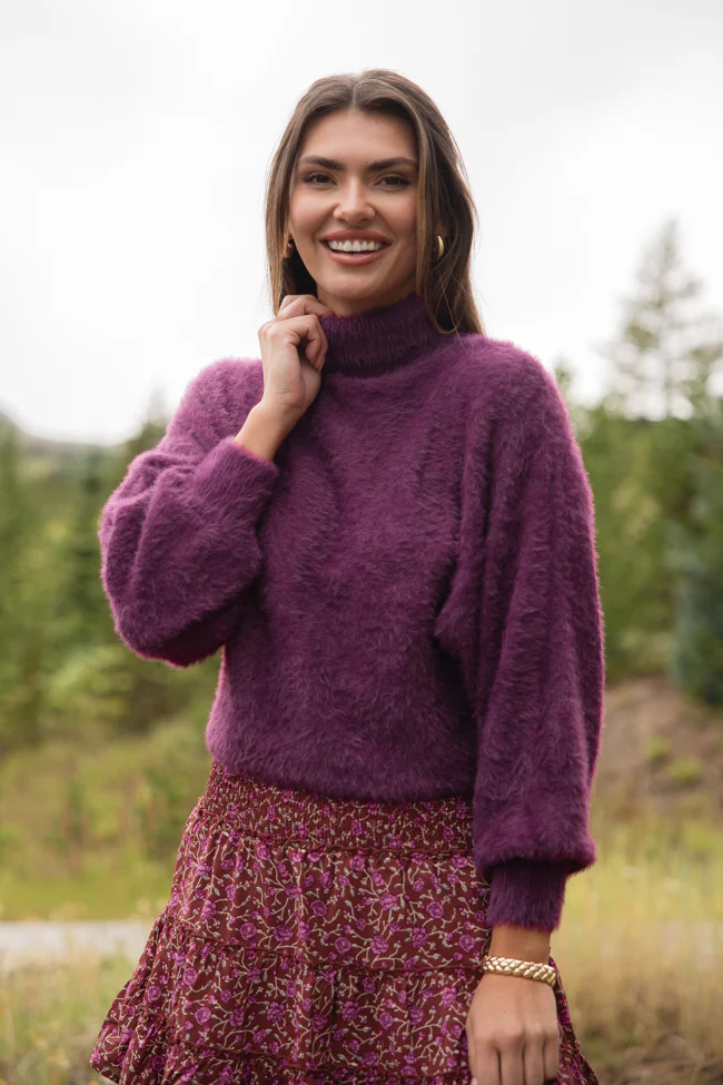 Beyond Me Plum Fuzzy Turtleneck Sweater | Pink Lily