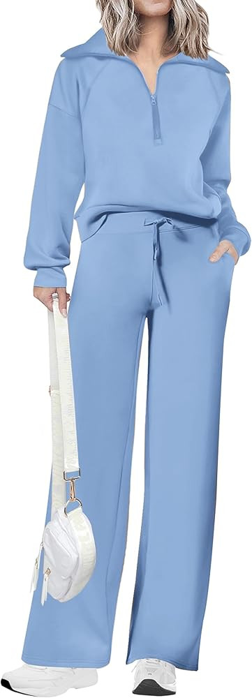 PRETTYGARDEN Women's 2 Piece Outfits Casual Lapel Half Zip Sweatshirts And Wide Leg Pants Tracksu... | Amazon (US)