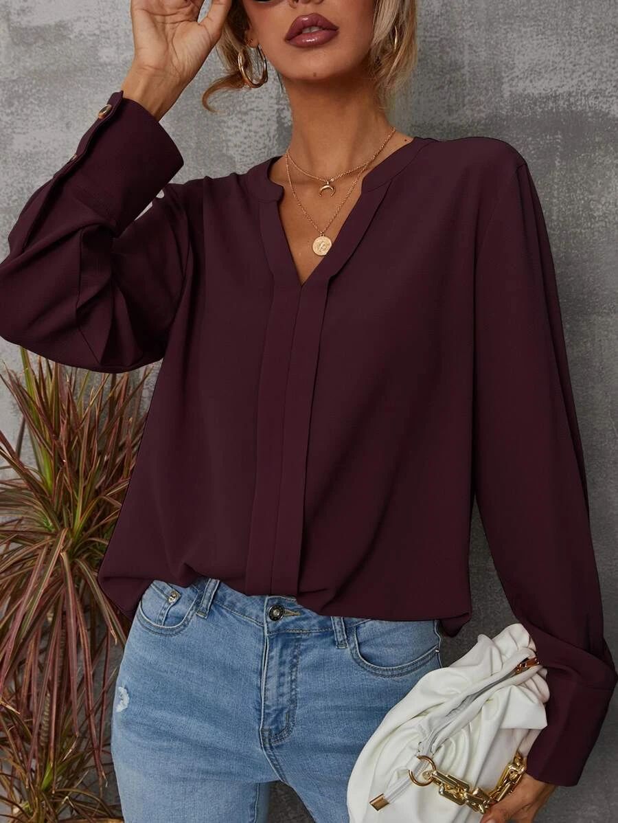 Solid Notched Buttoned Cuff Blouse | SHEIN