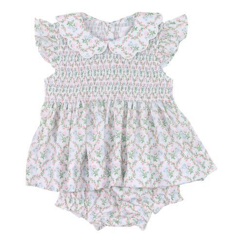 Pink And Green Smocked Hydrangea Diaper Set | Cecil and Lou