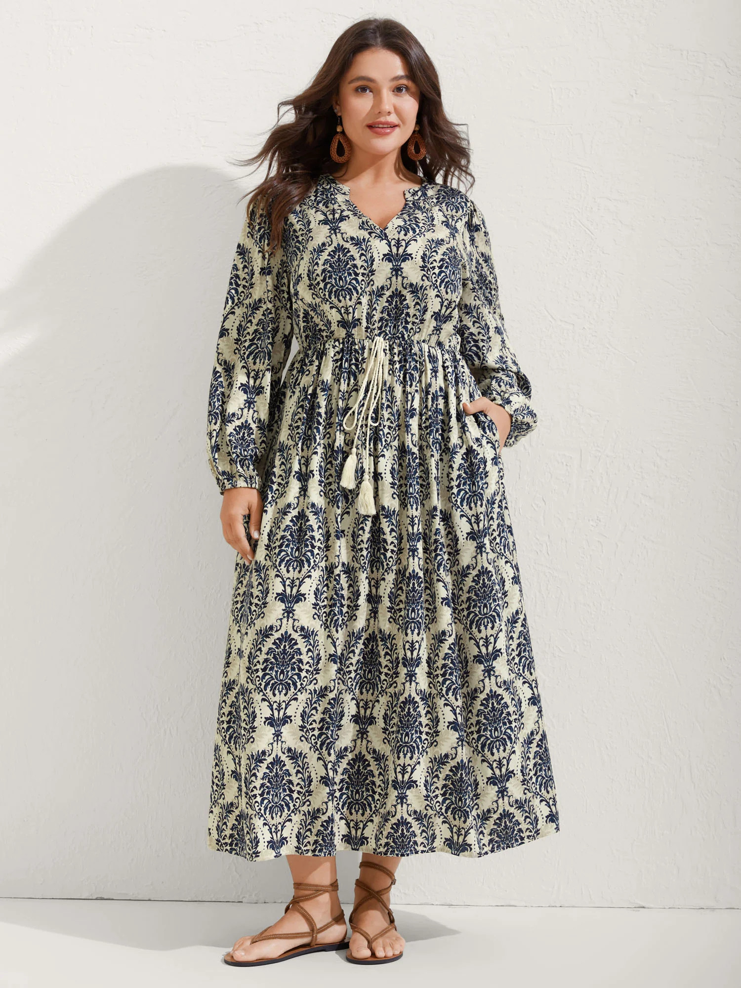 Boho Print Notched Tie Knot Maxi Dress | Bloomchic