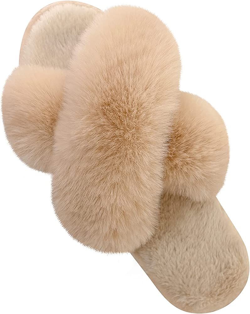 Amazon.com | Women's Cross Band Slippers Fuzzy Soft House Slippers Plush Furry Warm Cozy Open Toe... | Amazon (US)