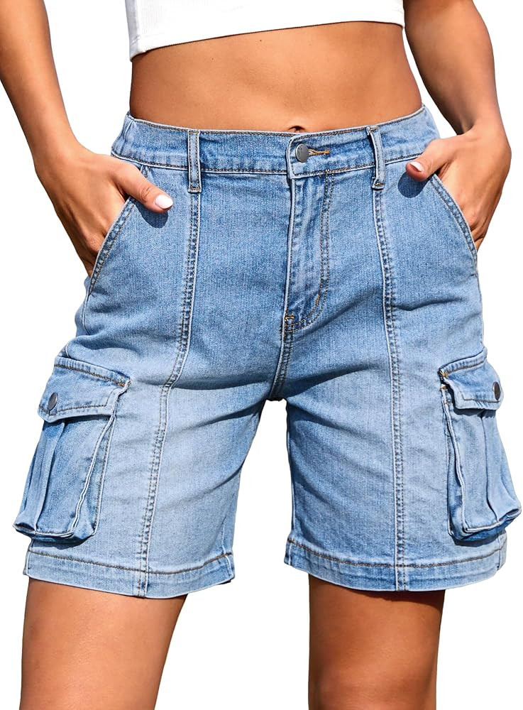 ELLEVEN Bermuda Cargo Shorts Women, Elastic High Waist 6 Pockets Shorts 7 Inch Inseam Summer Shor... | Amazon (US)