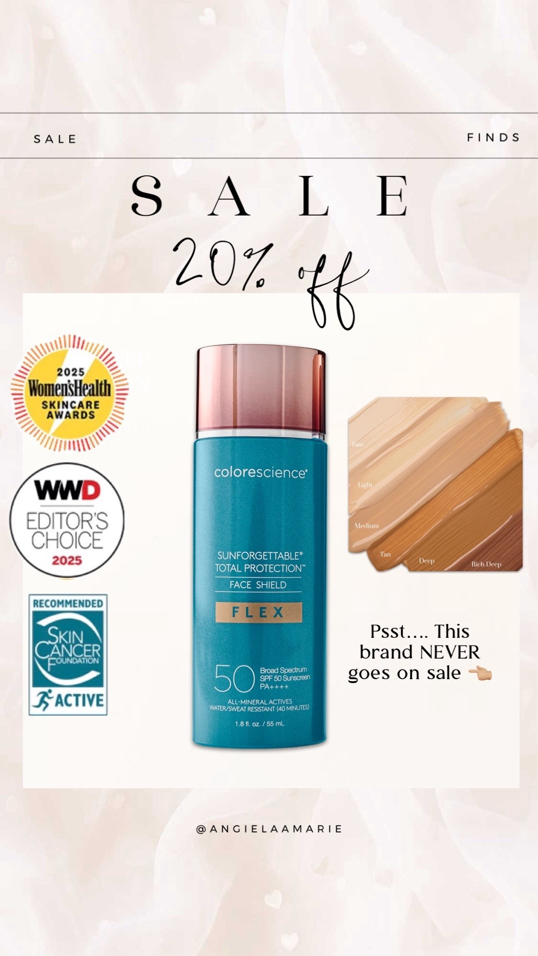 Award winning🥇 ColorScience total protection face shield — SPF 50, now on SALE for 20% OFF! This brand is NEVER on sale. The 20% OFF applies sitewide! 

This tinted color coverage immediately evens skin tone for a flawless look. 

Defends against UVA/UVB, Blue Light, Pollution, and Infrared radiation.

Safe for all skin types, including sensitive!

6 flexible shade ranges. 


#LTKWorkwear #LTKWedding #LTKHome #LTKBaby #LTKMens #LTKSaleAlert #LTKU #LTKBeauty #LTKBump #LTKOver40 #LTKTravel #LTKSeasonal #LTKKids #LTKMidsize #LTKActive #LTKPetite #LTKTall #LTKdayinmylife #LTKgrwm #LTKootd #LTKfitnessgoals #LTKmomlife #LTKmorningroutine #LTKselfcare #LTKstorytime #LTKfoodie #LTKvlog #LTKSwim #LTKSpringSale #LTKFestival