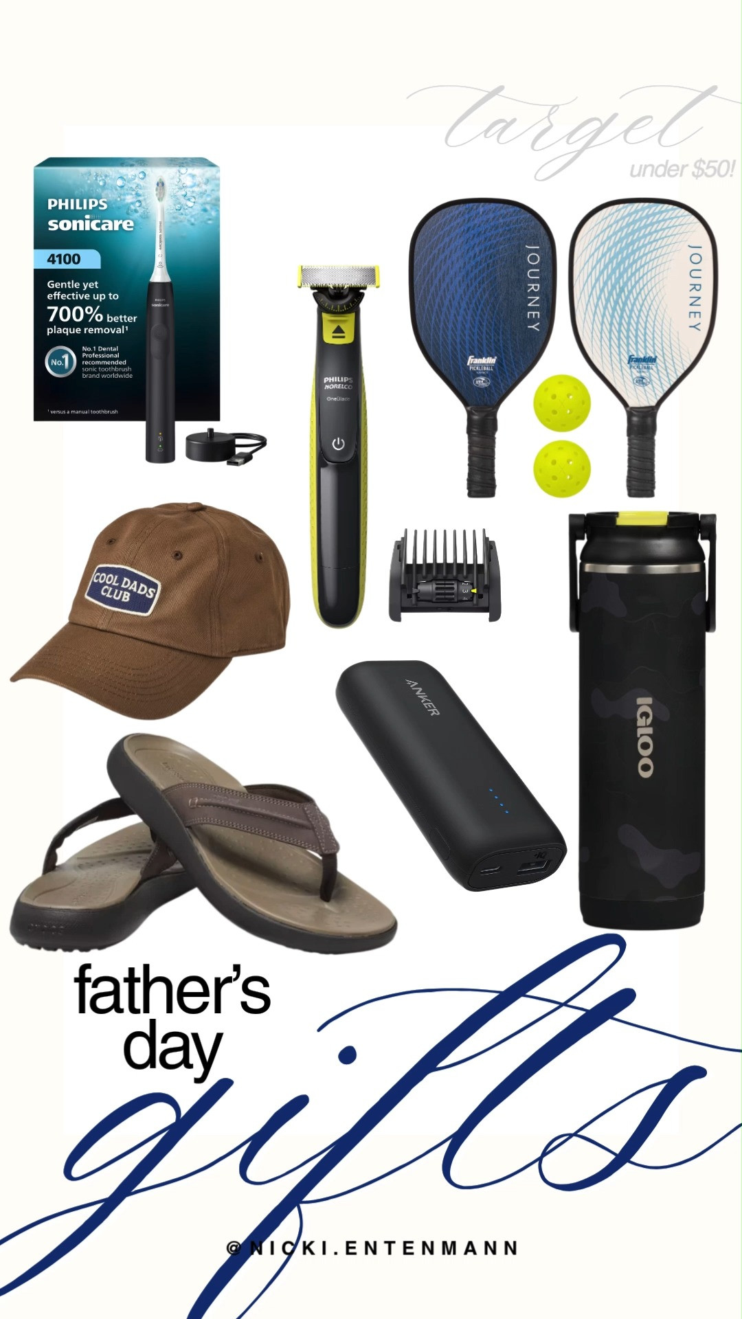 Find the perfect Father's Day gifts at Target with these amazing options all under $50. This curated guide features practical tech and grooming essentials like an Anker portable power bank, a Philips Sonicare electric toothbrush, and a Philips Norelco electric trimmer. Complete his gift with outdoor favorites, including an Igloo water bottle, a brown "Cool Dads Club" baseball cap, comfortable flip-flops, or a Franklin pickleball paddle set.

#target #targetstyle #targetfinds #fathersday #fathersdaygifts #giftideasfordad #budgetgifts #giftguide #targethaul #happyfathersday 

 #LTKHome #LTKSaleAlert #LTKMens