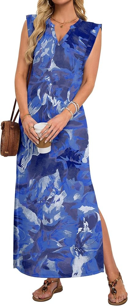 AUSELILY Women's V Neck Maxi Dresses, Straight-Cut Wrinkle-Free, Summer Split Sleeveless Vacation... | Amazon (US)