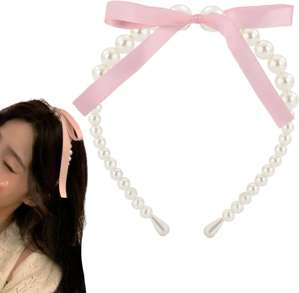 LYDZTION Bow Pearl Headband for Women Girls, Cute Ribbon Satin Bow Pearl Headband Dainty Pearl Ha... | Amazon (US)