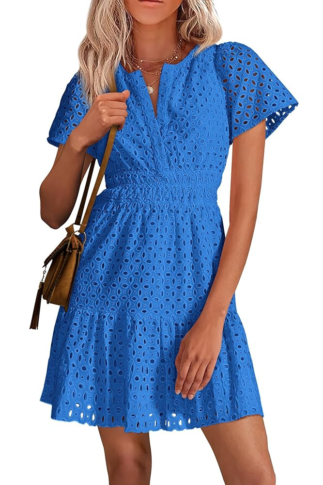 PRETTYGARDEN Womens 2025 Summer Short Dress V Neck Short Sleeve A Line Hollow Out Lace Ruffle Cut... | Amazon (US)