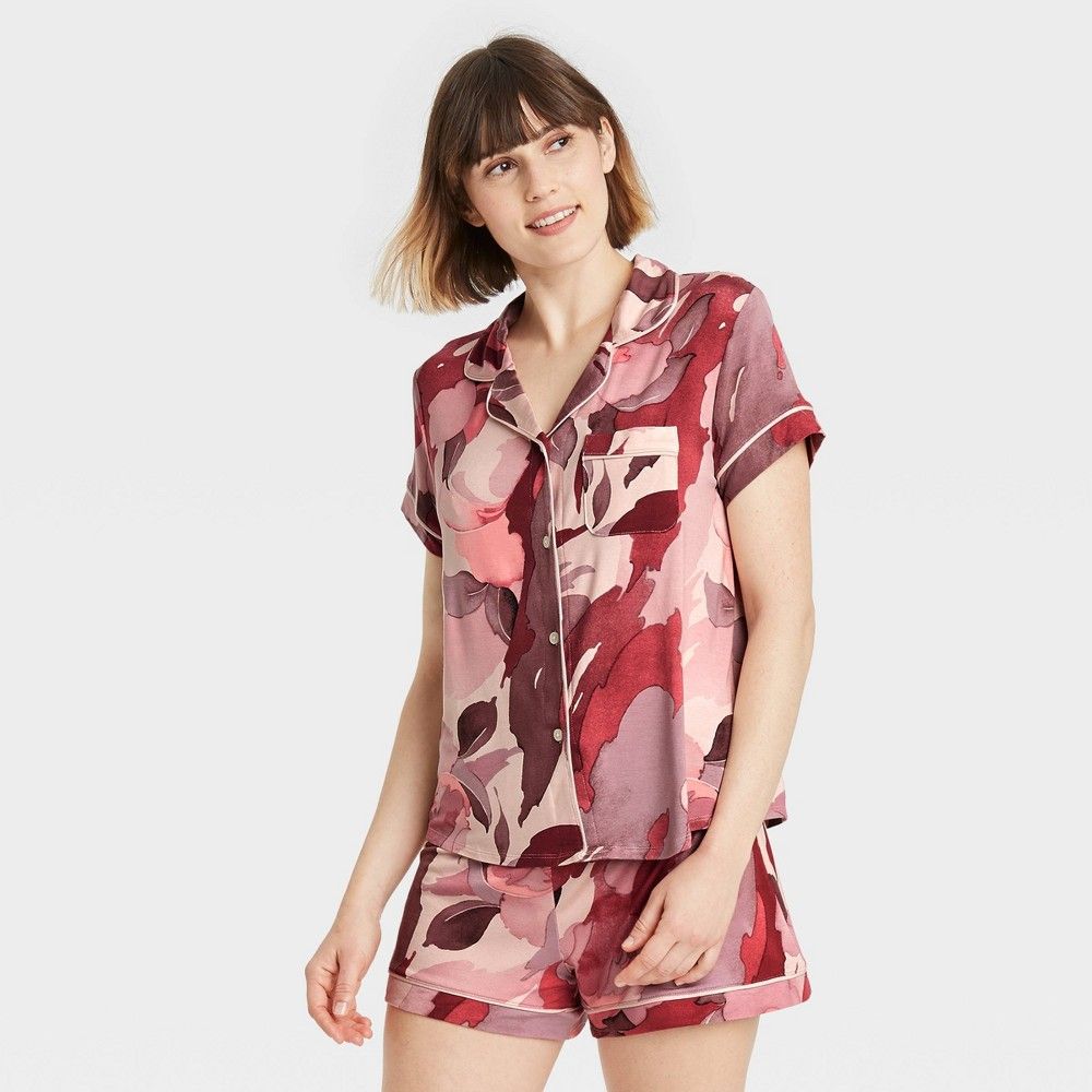 Women's Floral Print Beautifully Soft Short Sleeve Notch Collar Top and Shorts Pajama Set - Stars Ab | Target