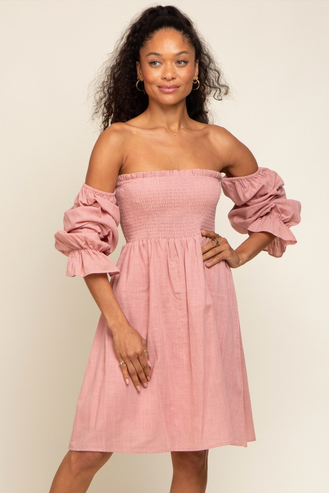 Pink Smocked Off Shoulder Long Sleeve Dress | PinkBlush Maternity