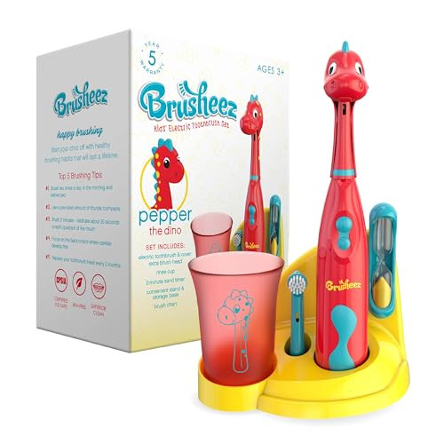 Brusheez Kids’ Electric Toothbrush Set - Safe & Effective for Ages 3+ - Parent Tested & Approved with Gentle Bristles, 2 Brush Heads, Rinse Cup, 2-Minute Timer, & Storage Base (Pepper The Dino) | Amazon (US)