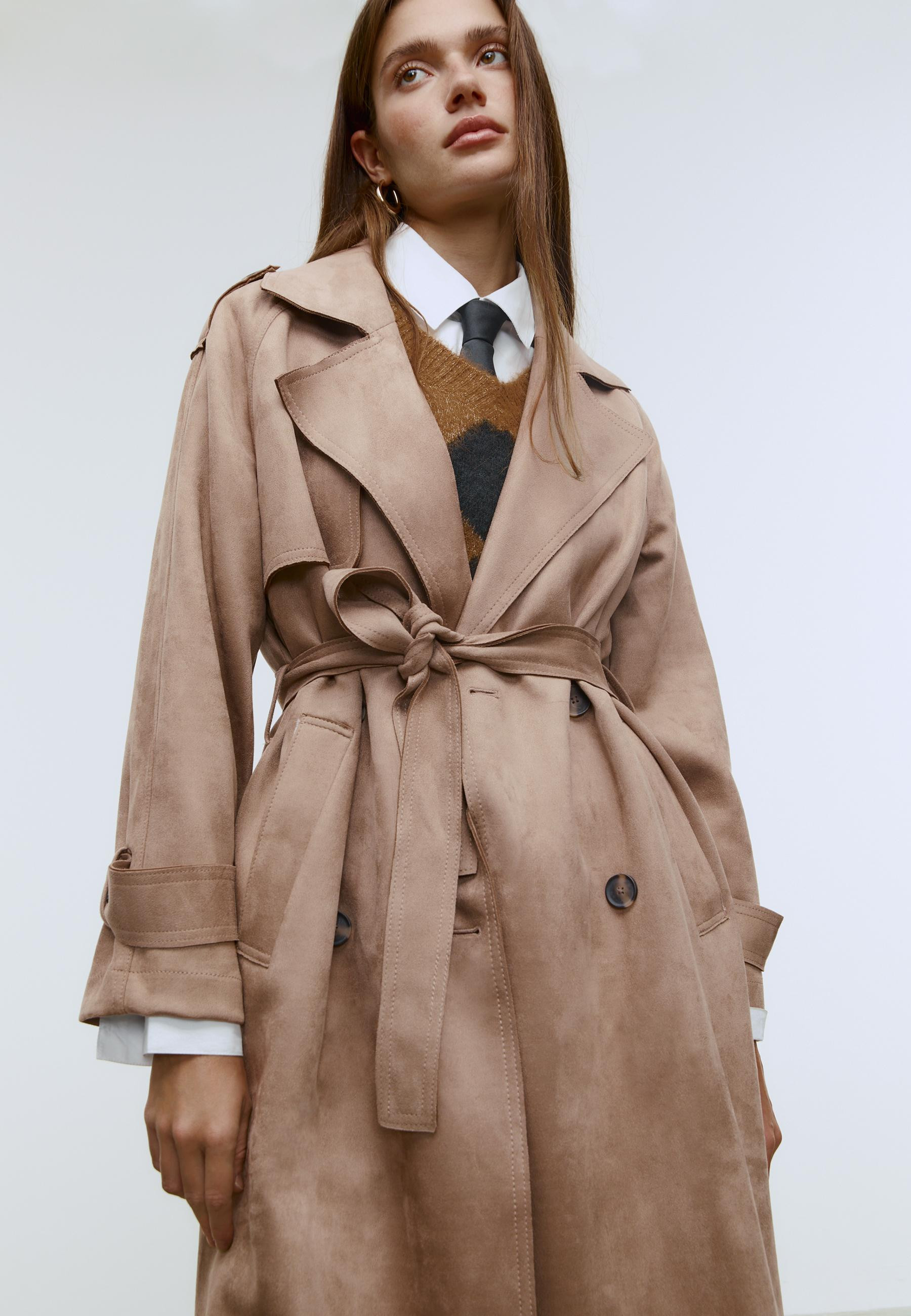 Long faux suede trench coat - Women's fashion | Stradivarius United Kingdom | Stradivarius (UK)