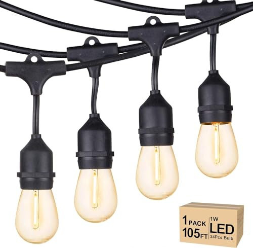 Svater Outdoor String Lights Led 105FT, Commercial Grade Patio Lights with 1W Dimmable S14 Shatterproof Bulbs, ETL Listed Heavy-Duty Outside Waterproof Cafe Bistro Market Lighting Warm White | Amazon (US)