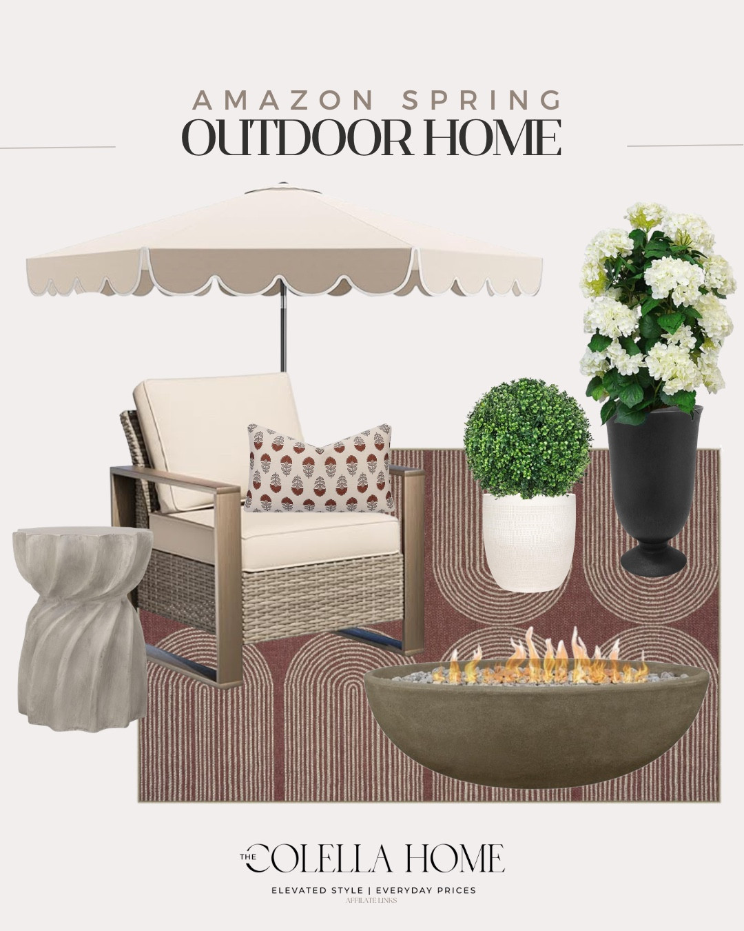 Amazon outdoor home includes outdoor rug, fire pit, planters, outdoor botanicals, outdoor accent chairs, outdoor pillow, umbrella, side table.

Home decor, outdoor home, home decor

#LTKvlog #LTKSeasonal #LTKHome