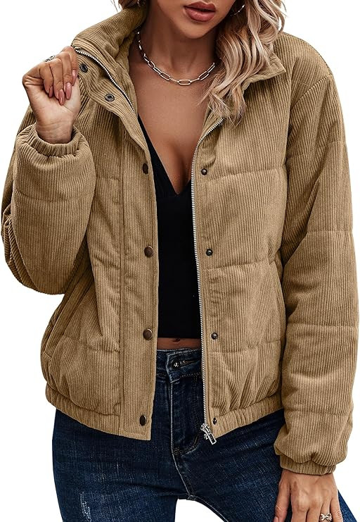 Angashion Women's Bomber Jacket Corduroy Ribbed Quilted Zip Up Long Sleeve Winter Coat Fall Outer... | Amazon (US)
