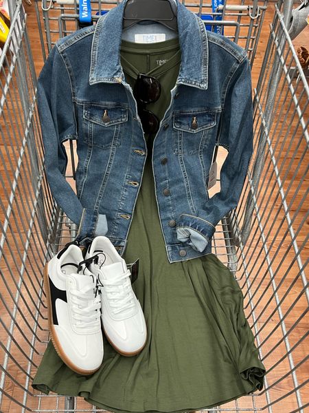 Walmart $10 swing dress with denim jacket and low profile sneakers. Outfit idea casual affordable style

#LTKfindsunder50 #LTKstyletip #LTKfindsunder100