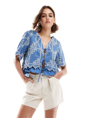 Object broderie tie front top with double tier detail in blue | ASOS (Global)