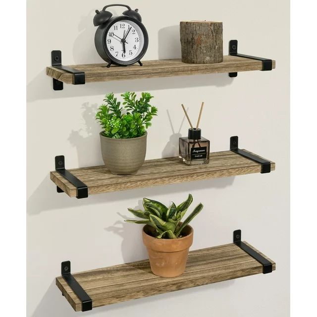 Afuly Rustic Wood Floating Shelves Wall Mounted Set of 3, Brown Wall Shelf with Metal Brackets, H... | Walmart (US)