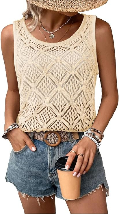 Bosmeer Women's Hollow Sweater Vest Crochet Tank Tops Knit Out Sleeveless Cover Up Summer Boho To... | Amazon (US)