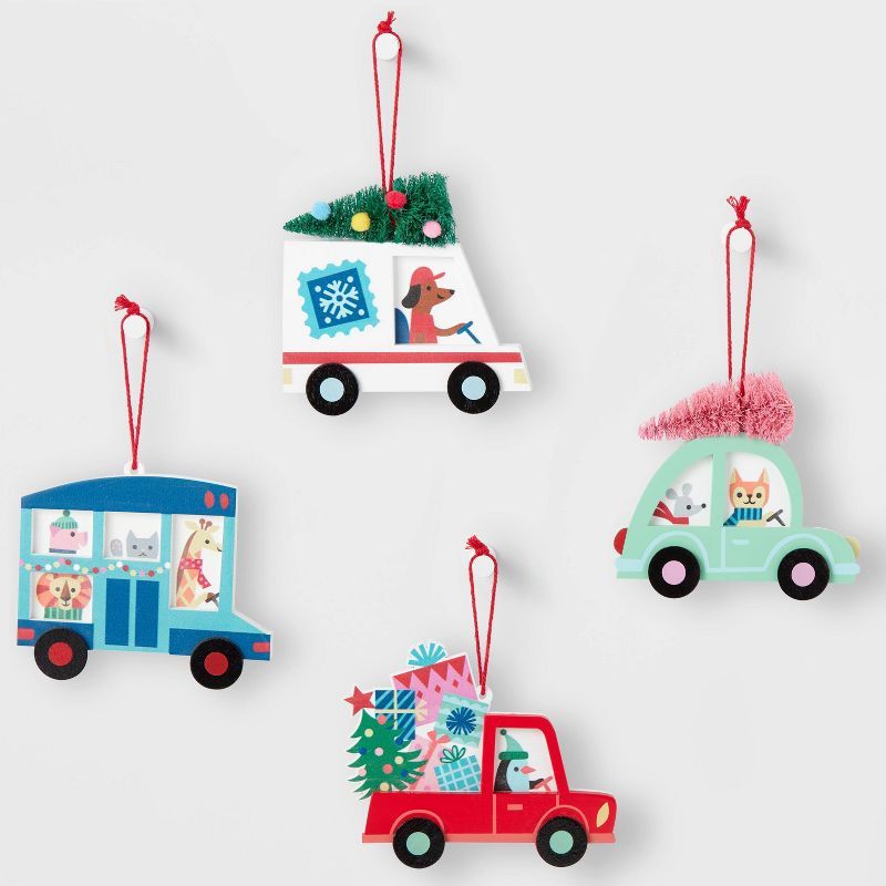 4ct Wood Vehicle Christmas Tree Ornament Set Blue/Red/White/Green - Wondershop™ | Target