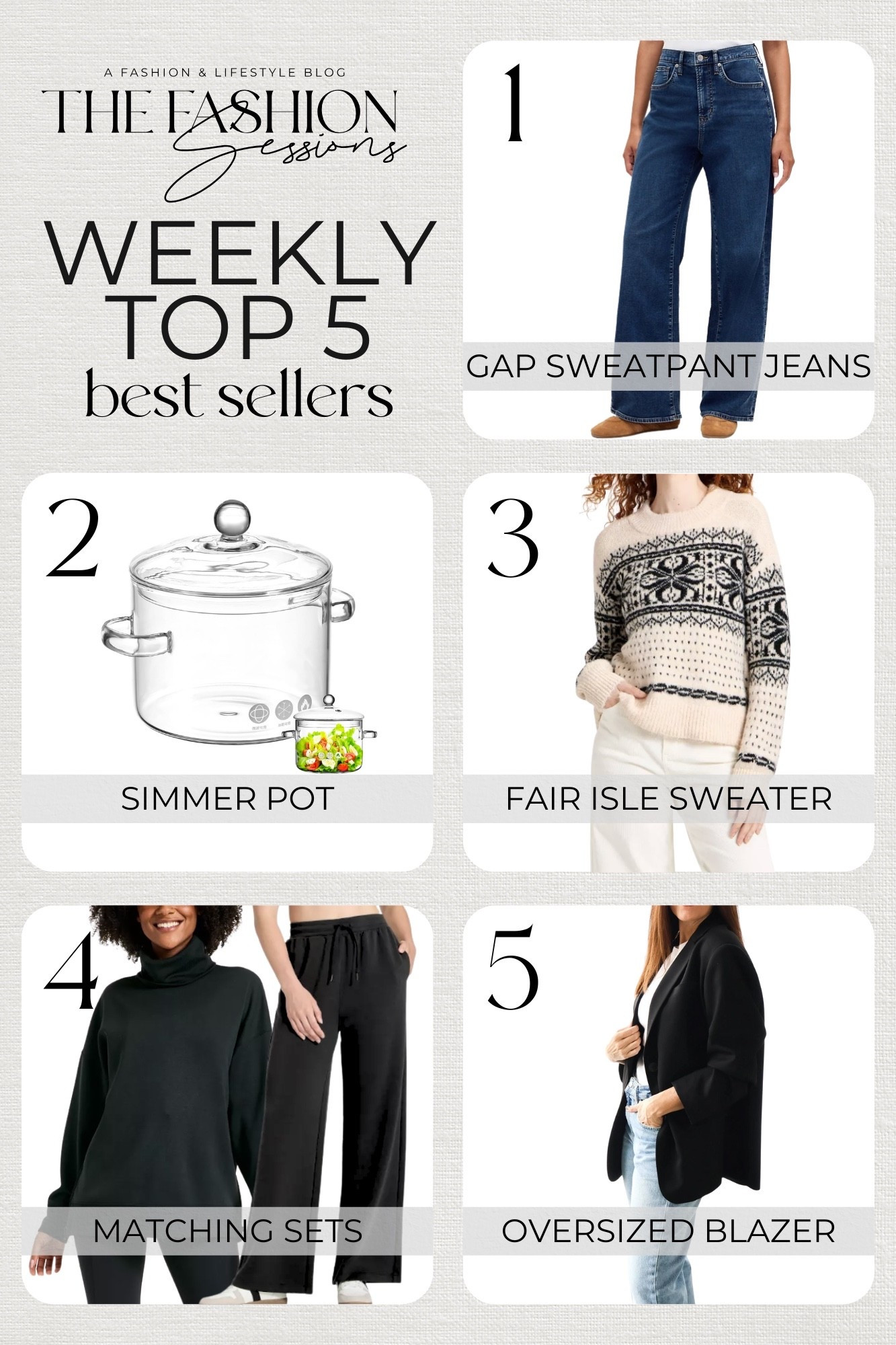 Last Week’s Most-Loved! 
1. Gap Factory High-Rise Wide Leg Sweatpant Jeans
2. DOITOOL Glass Simmer Pot for Stove Potpourri 1.4 Quarts Heat-resistant Glass Saucepan with Cover
3. Universal Thread Women's Long Sleeve Cozy Alpine Snowflake Crewneck Pullover Sweater 
4. All In Motion™ Women's Airy Sleek Funnel Neck Sweatshirt and Sleek Wide Leg Sweatpants
5. TFS | The Label Cameron Blazer (50% off for a few more days!)
winter outfit | comfy outfit | gift idea | casual outfit 

#LTKSeasonal #LTKFindsUnder50 #LTKHoliday