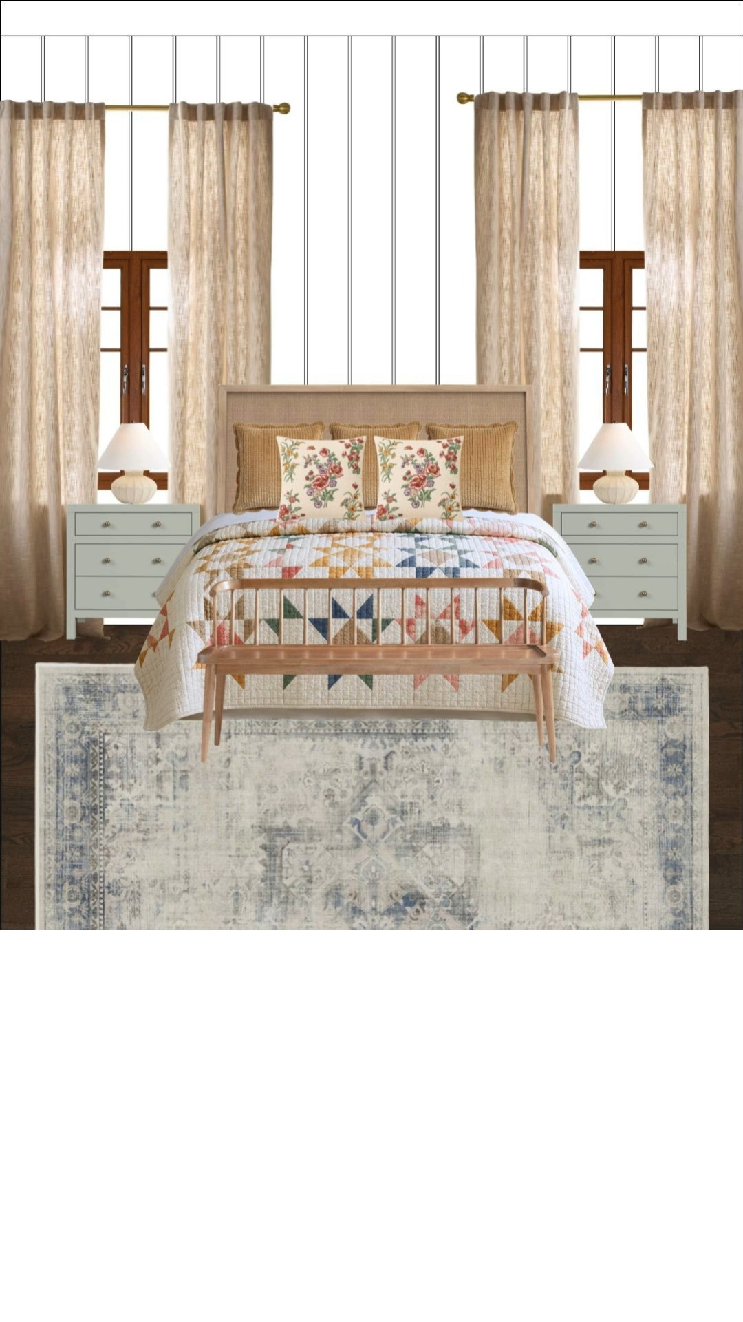 A lakeside cottage bedroom inspired by long summer weekends, open windows, and the kind of quilt that's been passed down for generations. The Pottery Barn bed, Quince curtains, Lands' End patchwork quilt, and vintage-inspired Ruggable rug create a collected look that feels equal parts cabin retreat and family heirloom. Shop every piece below. 

 #LTKSeasonal #LTKHome