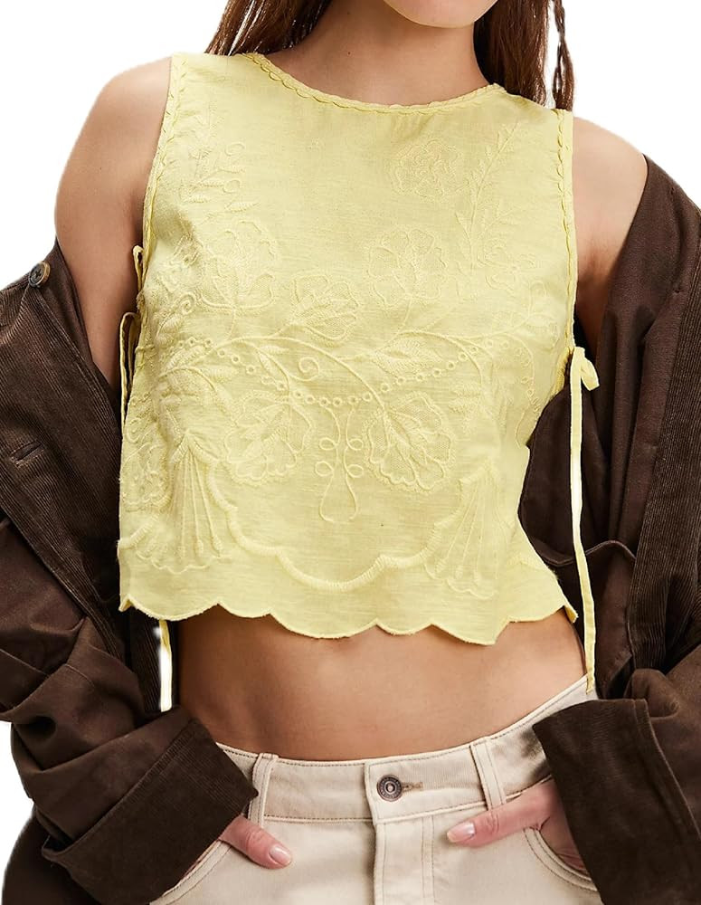 UAURORAO Women Tie Up Tank Top Floral Embroidered Cropped Vest Flower Embroidery Backless Babydol... | Amazon (US)
