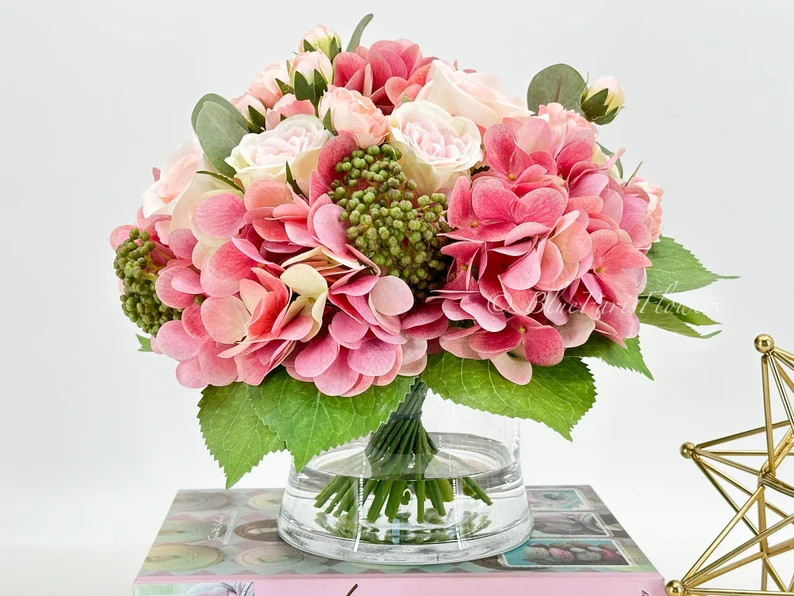 Pink Rose & Hydrangea Floral Arrangement: Faux Silk Centerpiece in Glass Vase | Etsy (Global)