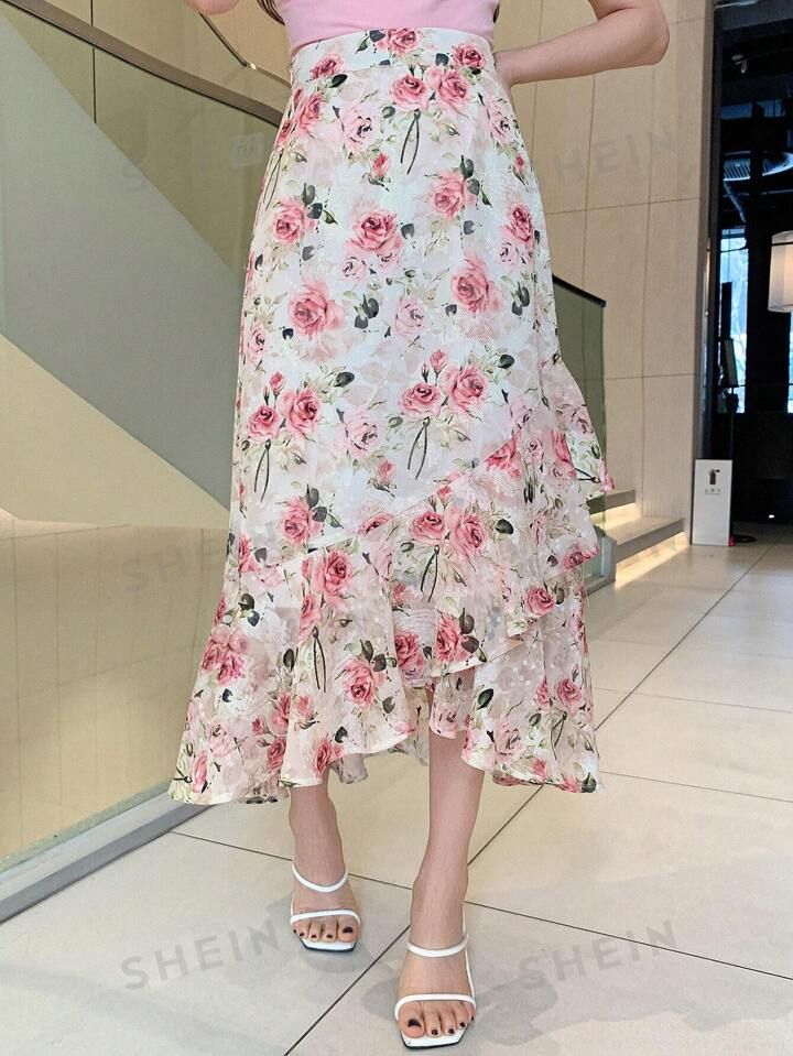 DAZY Women's Floral Print Ruffle Hem Midi Skirt | SHEIN