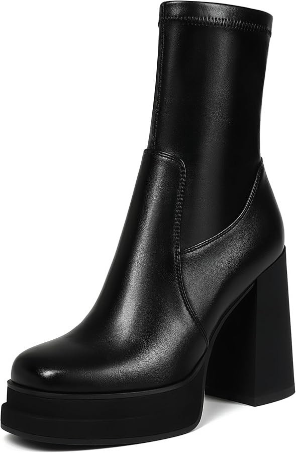 Women's Platform Ankle Boots Chunky High Heel Square Toe Stretch Short Gogo Combat Boots Booties ... | Amazon (US)