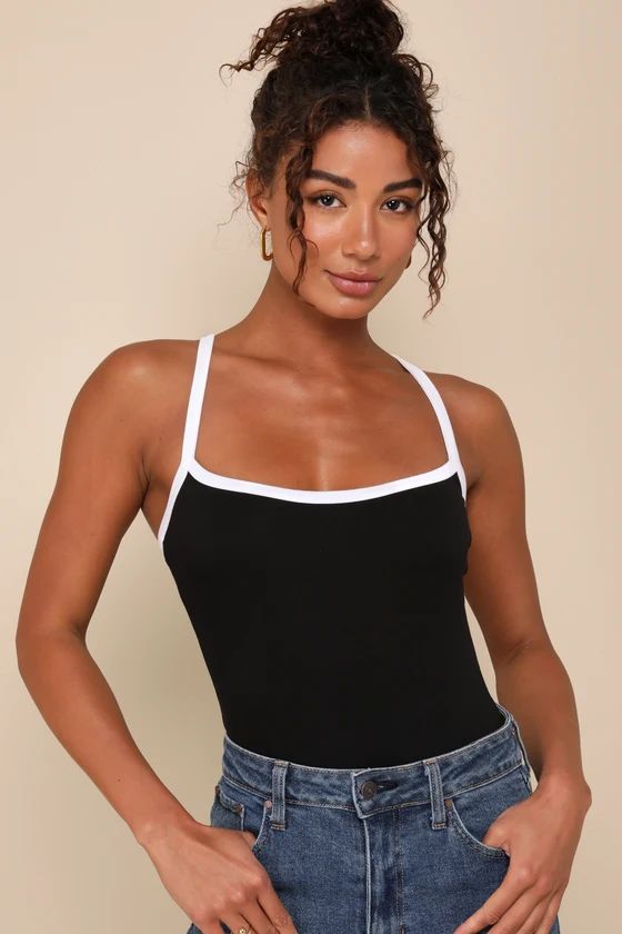 Trendy Inclination Black and White Sleeveless Cami Bodysuit | Lulus