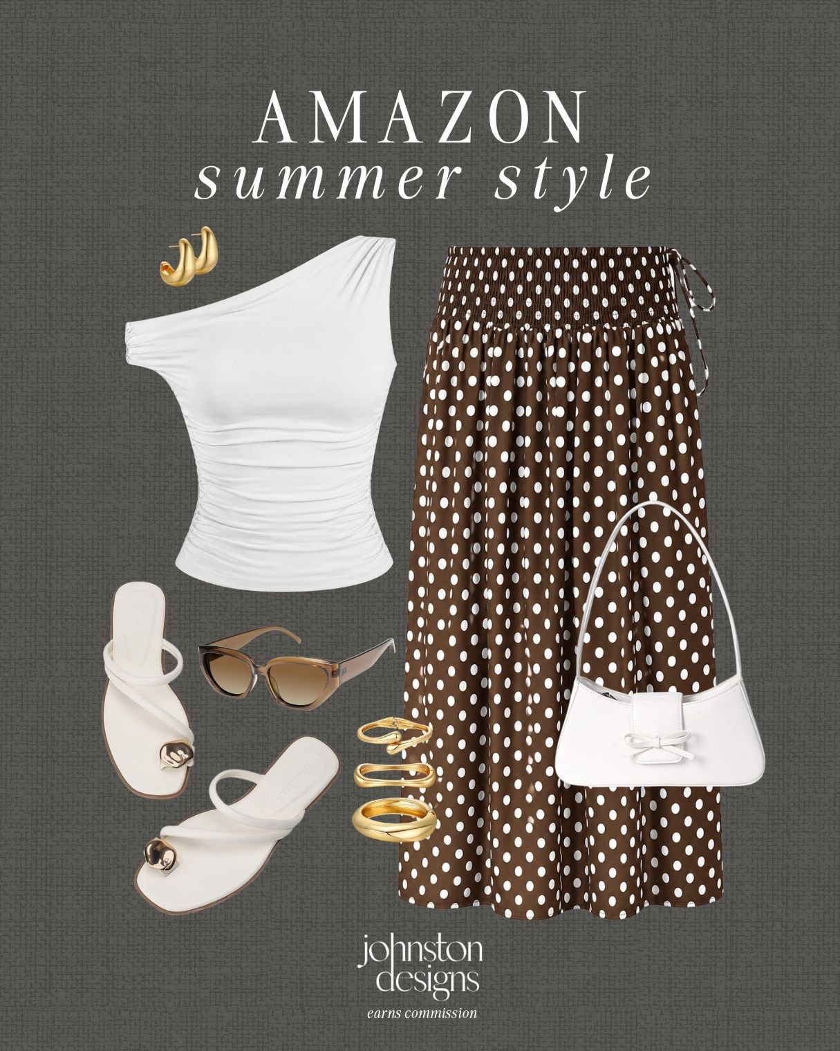 Amazon summer style with a one-shoulder top, polka dot skirt and chic white accessories. 🤍

Amazon summer outfit, one shoulder top, polka dot maxi skirt, brown skirt outfit, white slide sandals, white shoulder bag, cat eye sunglasses, gold hoop earrings, gold ring stack, chic summer style, vacation outfit idea, date night look, affordable Amazon fashion, feminine warm weather outfit 

 #LTKootd #LTKSeasonal
