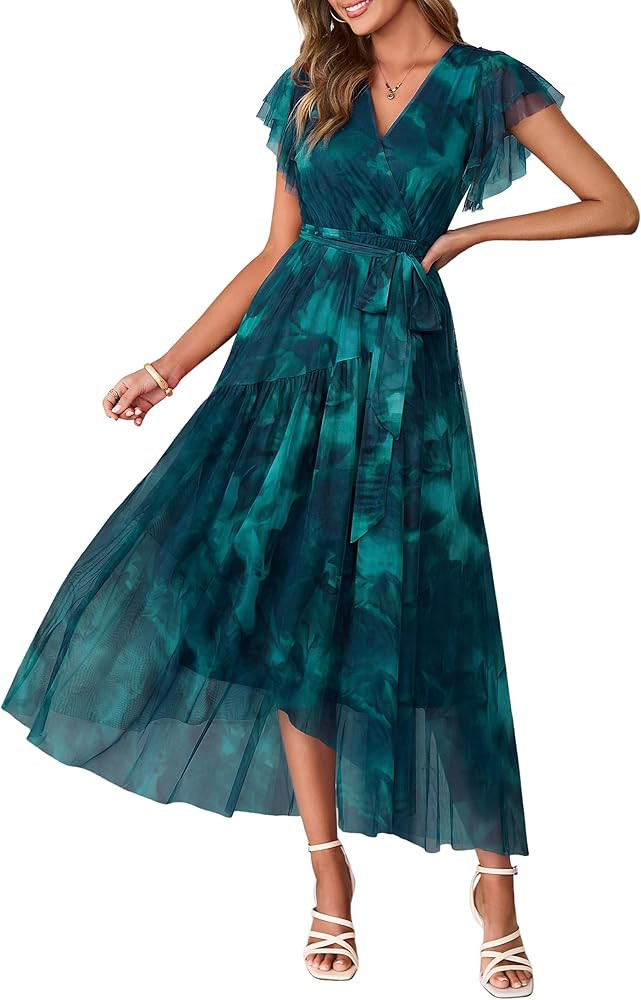 Simplee Womens Summer Floral Maxi Dress 2026 Short Sleeve V Neck Belted Mesh Hem Split Flowy Beac... | Amazon (US)