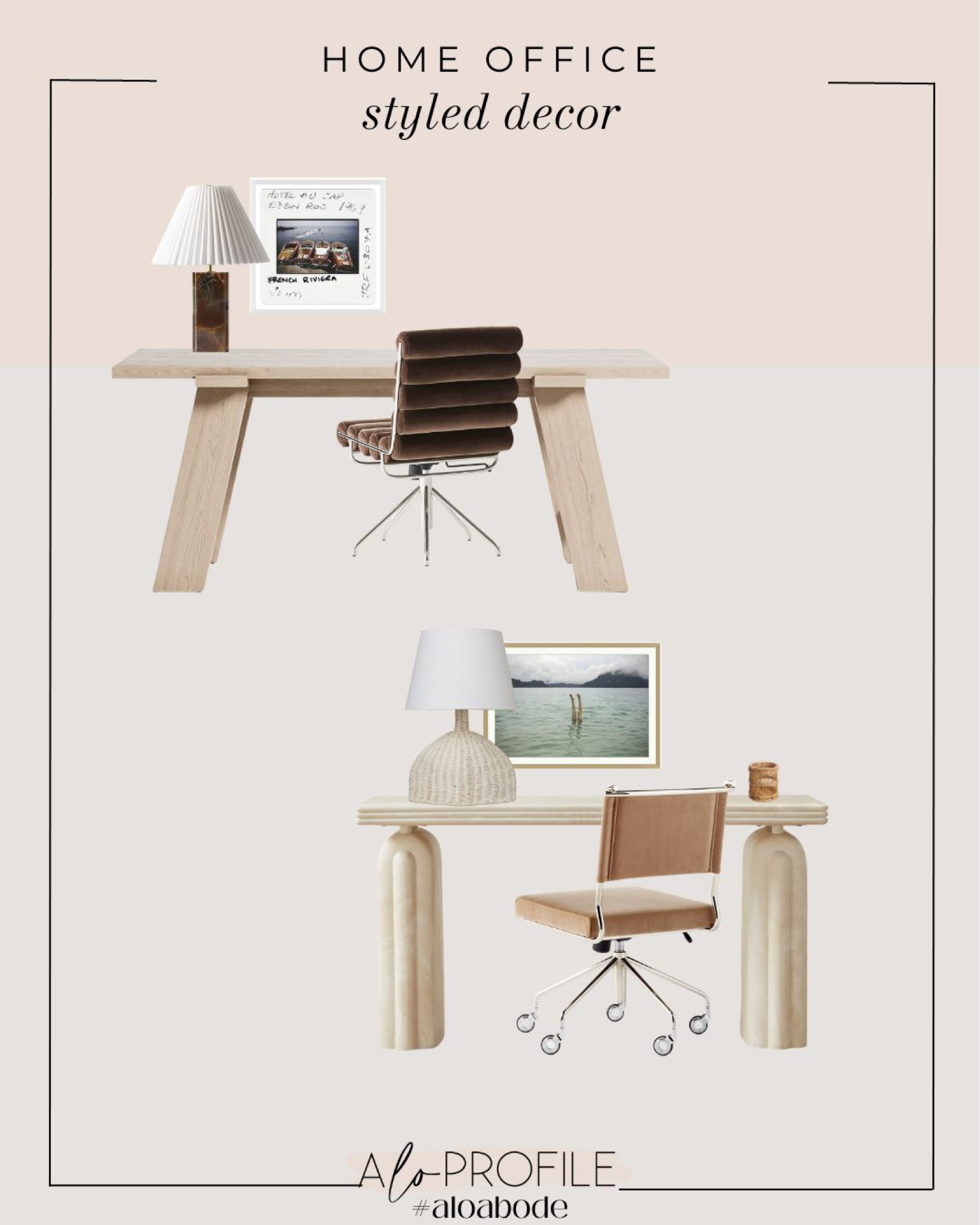 Home Office Decor // neutral desk, parsons desk, desk chair, upholstered desk chair, leather desk chair, modern desk, WFH decor, marble table lamp, pleated table lamp shade, woven table lamp, modern wall art, photography wall art, slim aarons wall art, neutral home decor, wood desk, travertine desk, woven pen holder, desk accessories

#LTKhome