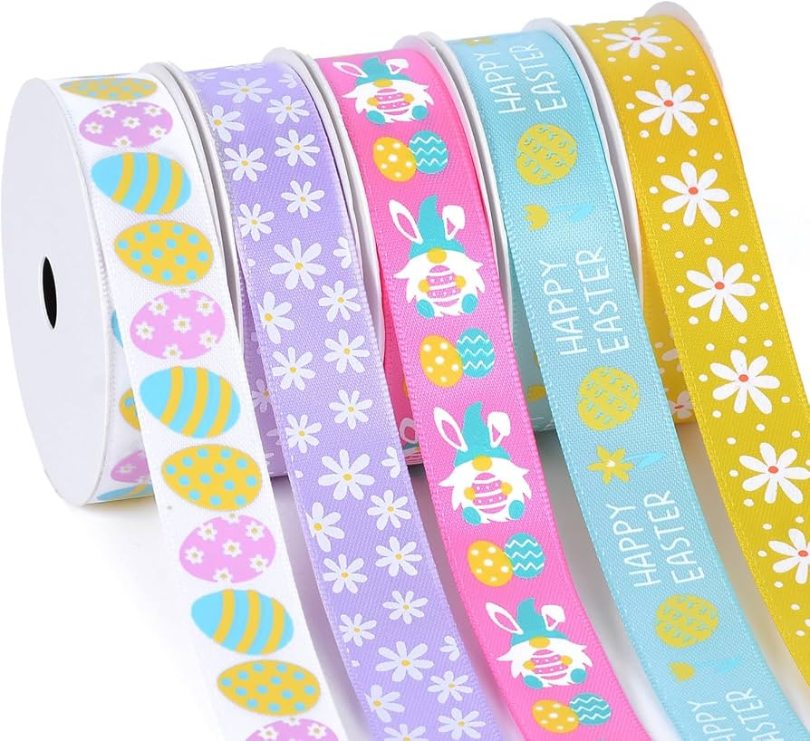 YAMA 5 Rolls Easter Satin Ribbons, Happy Easter Bunny Eggs Daisy Ribbon for Crafts Baskets Gift W... | Amazon (US)