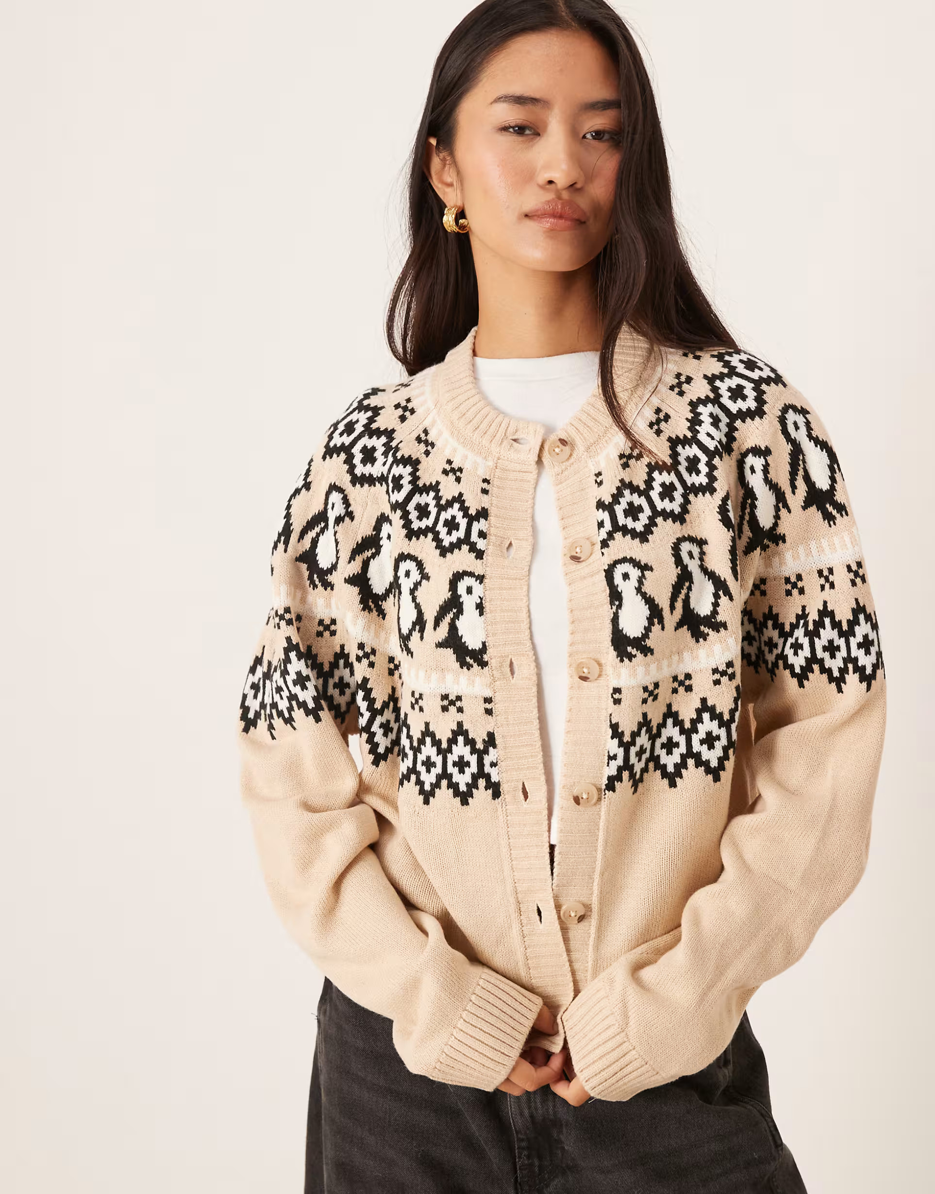 ASOS DESIGN penguin detail yoke cardigan in beige | ASOS | ASOS (Global)