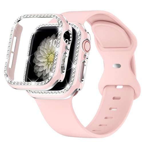 XYF Compatible for Pink Apple Watch Bands 42mm Women with Bumper Case, Soft Silicone Strap Glitter Bling Face Cover for iWatch SE Series 10 9 8 7 6 5 4 3 2 1 (Pinksand, 42) | Amazon (US)