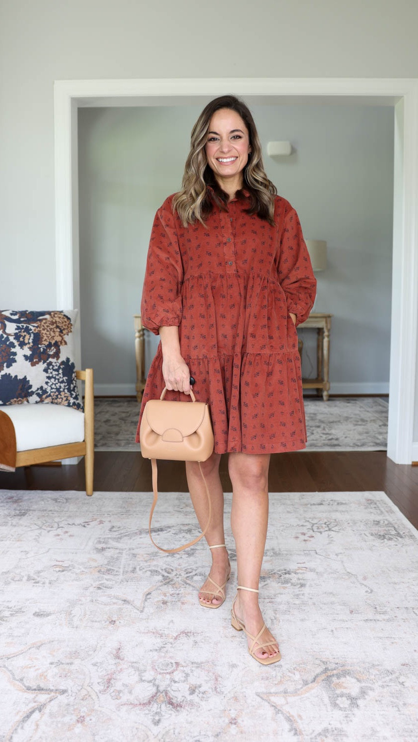 Four petite-friendly early fall dresses! 

Floral dress (Boden): petite 0 
Navy floral dress (Boden): petite 0 
Black dress (Anthropologie): petite xxs 
Rust corduroy dress (Anthropologie): xxs

#LTKPetite