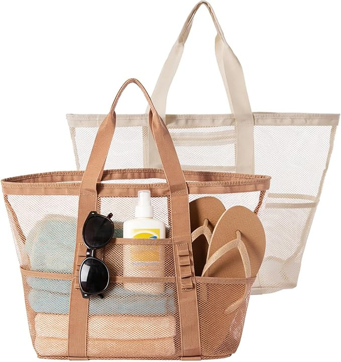 2 PCS Mesh Beach Bag, Women Casual Hobo Bags, Large Beach Tote Bag with Zipper for Travel Vacatio... | Amazon (US)