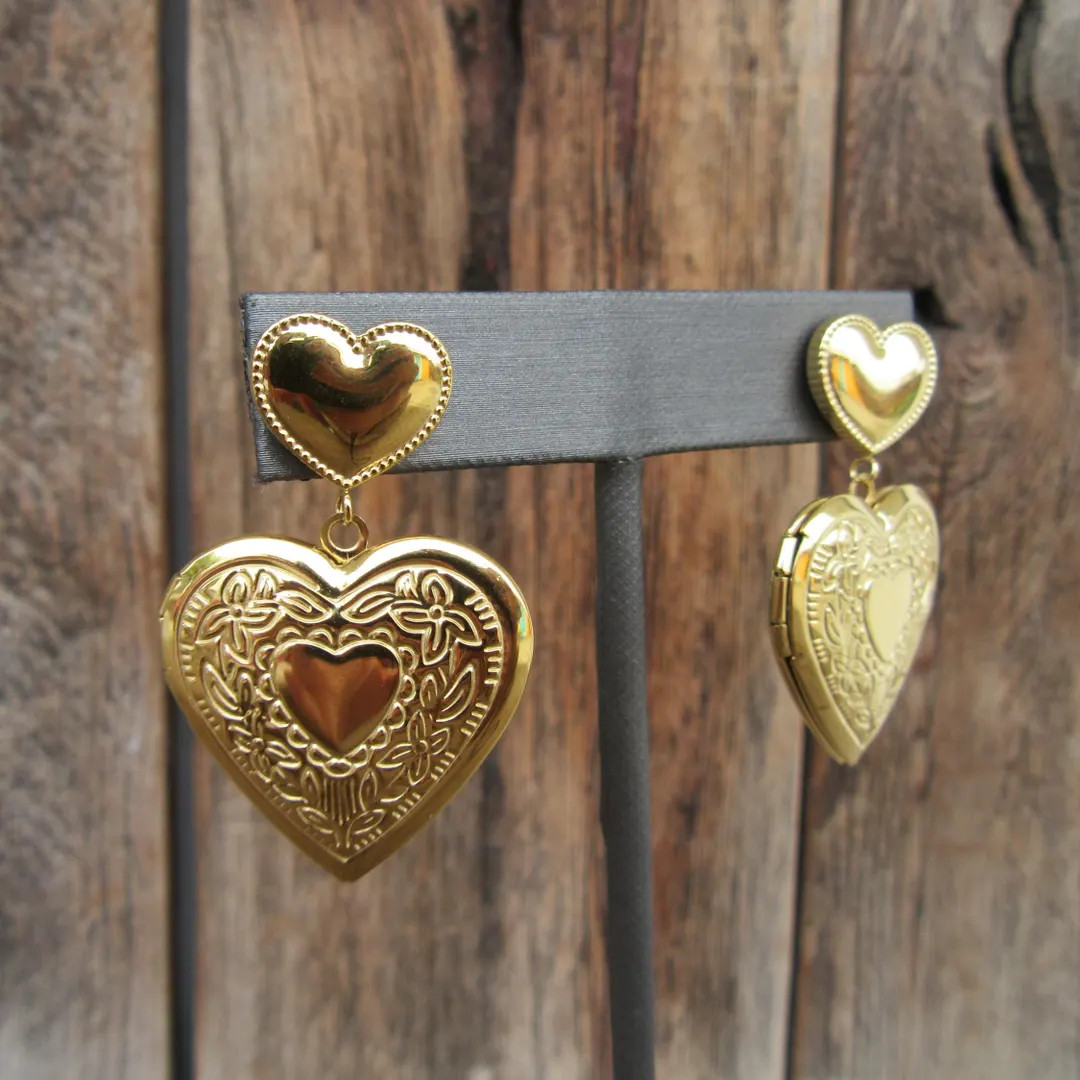 90s Gold Tone Earrings | Heart Locket Dangle Earrings | Etched Heart Statement Earrings - Etsy | Etsy (US)