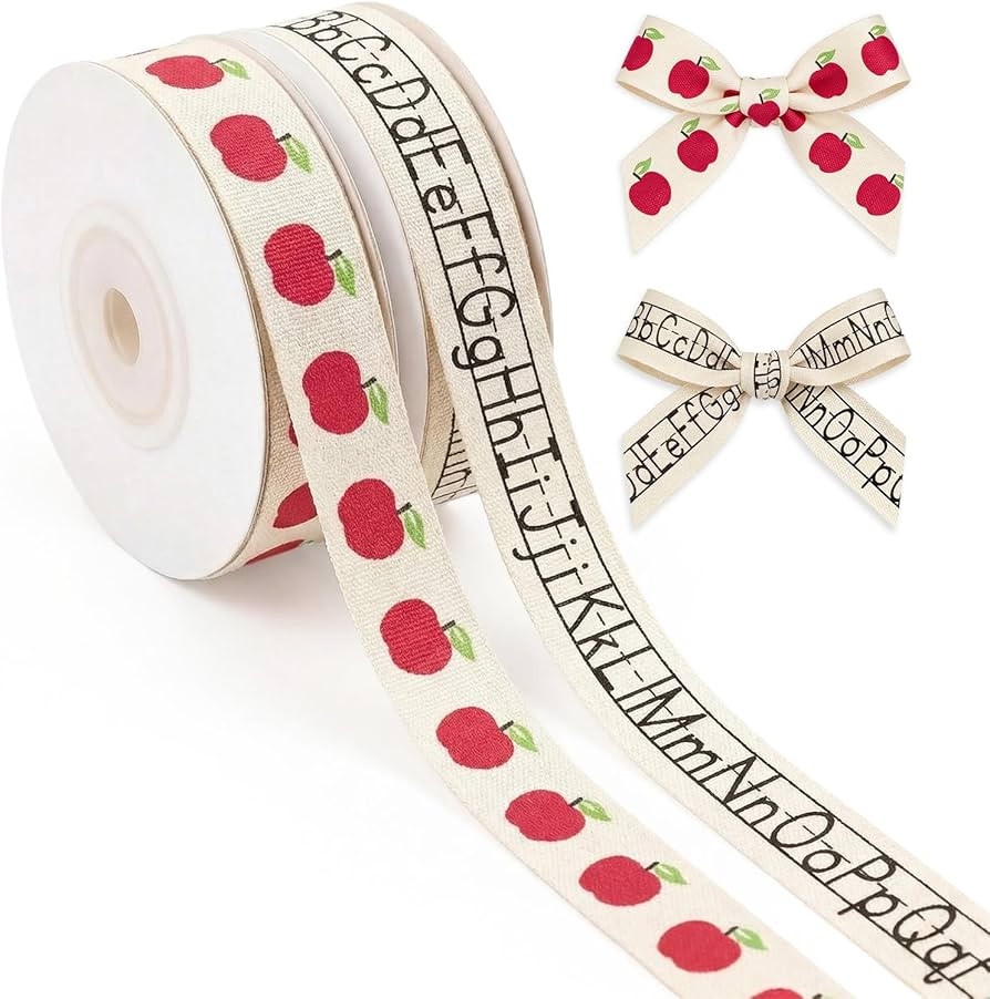 2 Rolls 5/8 Inch × 10 Yard Back to School Ribbons for Bow Making, Apple Letters Cotton Ribbon Bo... | Amazon (US)