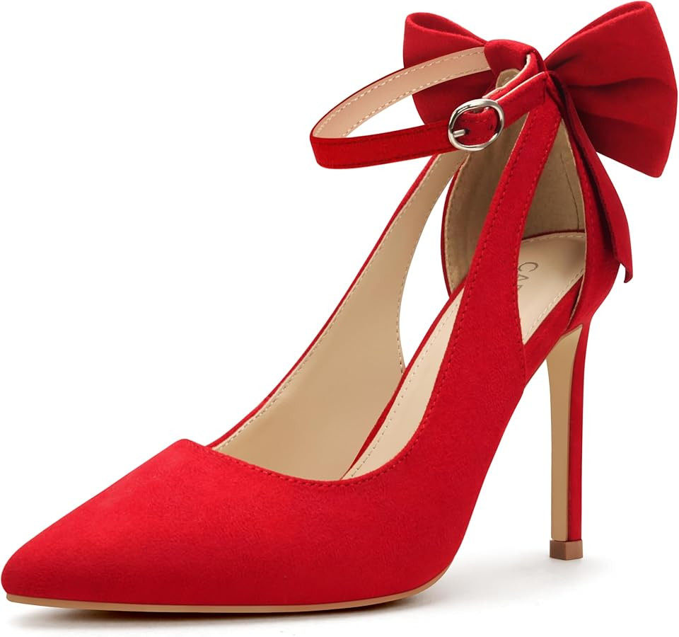 Carcuume Women's High Heels Strappy Pointed Toe Bow Pumps Ankle Strap Stiletto Party Shoes | Amazon (US)
