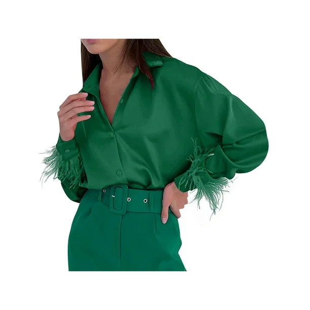 Licupiee Satin Shirts for Women Button Down Long Sleeve Feather Trim Blouse Top Casual Office Wor... | Walmart (US)