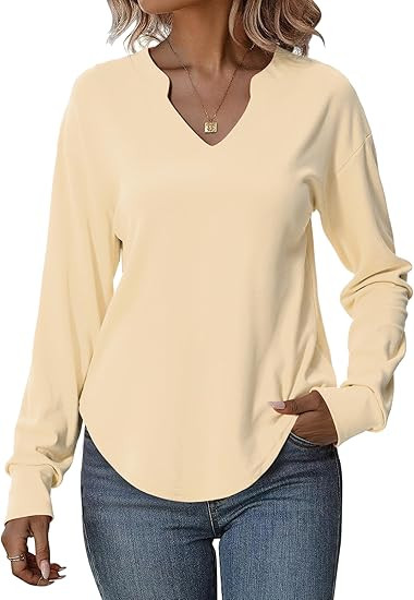 Totatuit Sweatshirts for Women V Neck Long Sleeve Shirts Loose Lightweight Curved Hem Casual Pull... | Amazon (US)