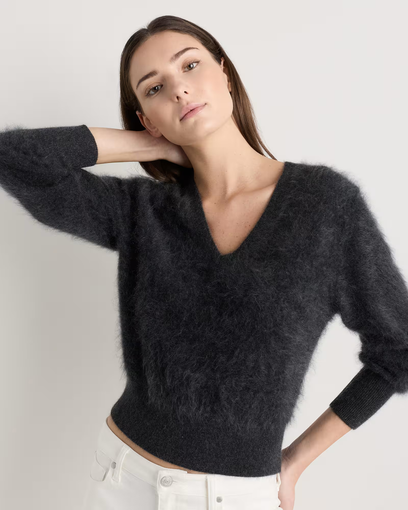 Brushed Cashmere Shrunken V-Neck Sweater | Quince