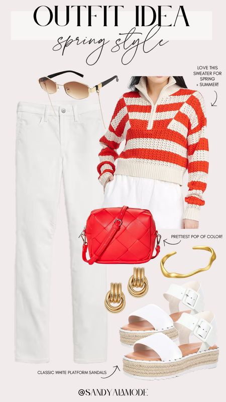 Elevated casual spring outfit idea | spring style | red and white spring sweater | MDW outfit idea | Target finds | Target fashion | Target spring style | affordable white jeans | chic gold earrings | wavy gold bangle bracelet | white platform sandals 

#LTKstyletip #LTKSeasonal #LTKfindsunder100