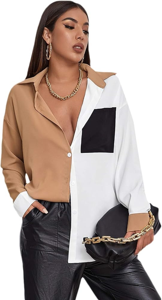 SheIn Women's Color Block Button Down Blouse V Neck Long Sleeve Collar Oversized Shirt Tops | Amazon (US)