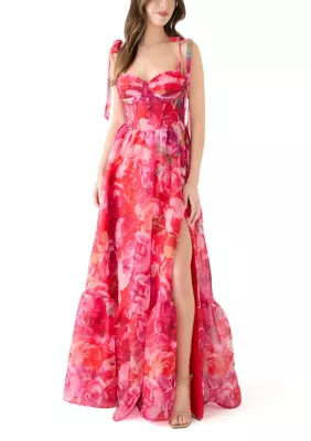 Women's Sleeveless Tie Watercolor Print Organza Gown | Belk